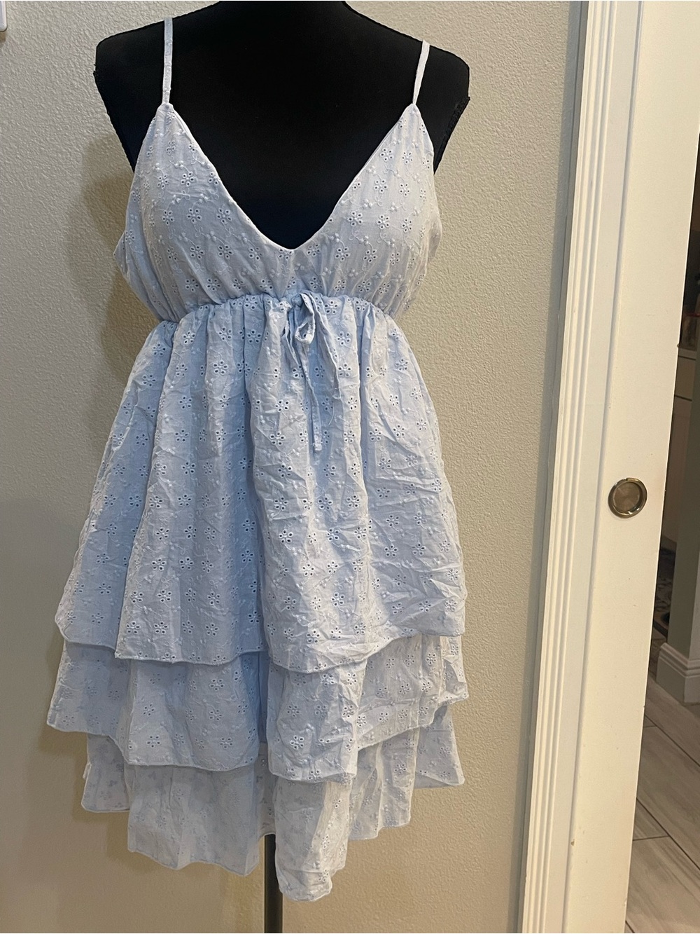 Light Blue Eyelet Tiered Mini Dress - Spaghetti Strap